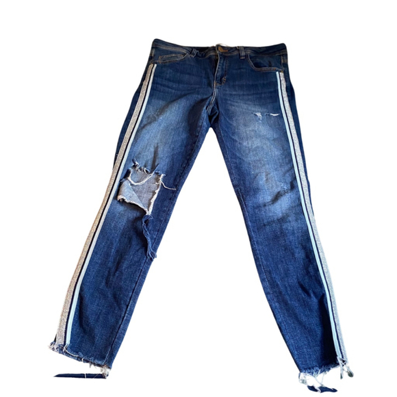 McBling Y2K Distressed Women's Zara Blue Jeans Size 6 White Stripes Skinny - Picture 1 of 14